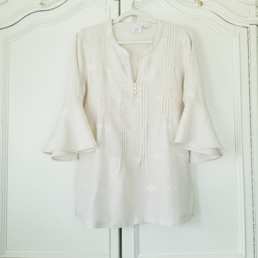Antibes Blanc Beige Stripe Linen Embroidered Pintuck 3/4 Belle Sleeve Top M